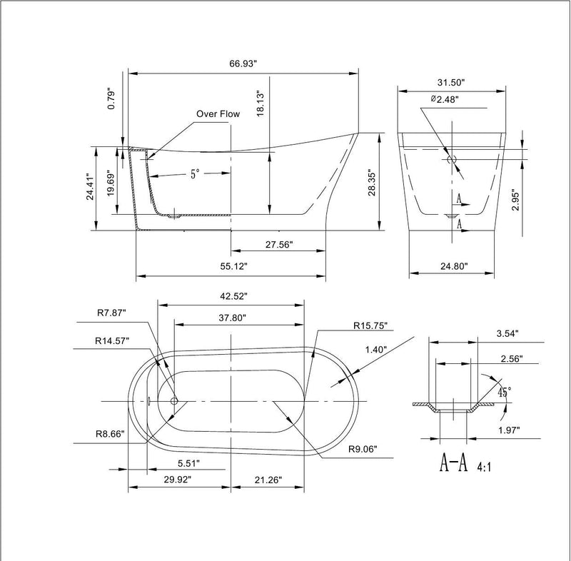 Empava EMPV-67FT1528 dimension drawing with overflow and drain section