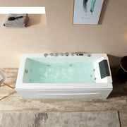 Empava EMPV-67JT351LED alcove tub with jets running in a bright bathroom