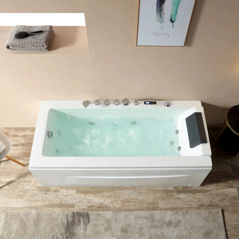 Empava EMPV-67JT351LED alcove tub with jets running in a bright bathroom