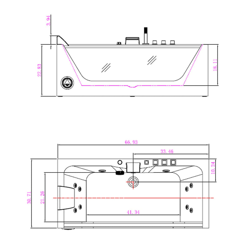 Empava EMPV-67JT408LED dimension drawing with side and top views and measurements