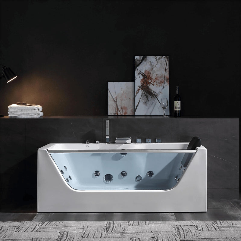 Empava EMPV-67JT408LED alcove tub in a dark bathroom, front view