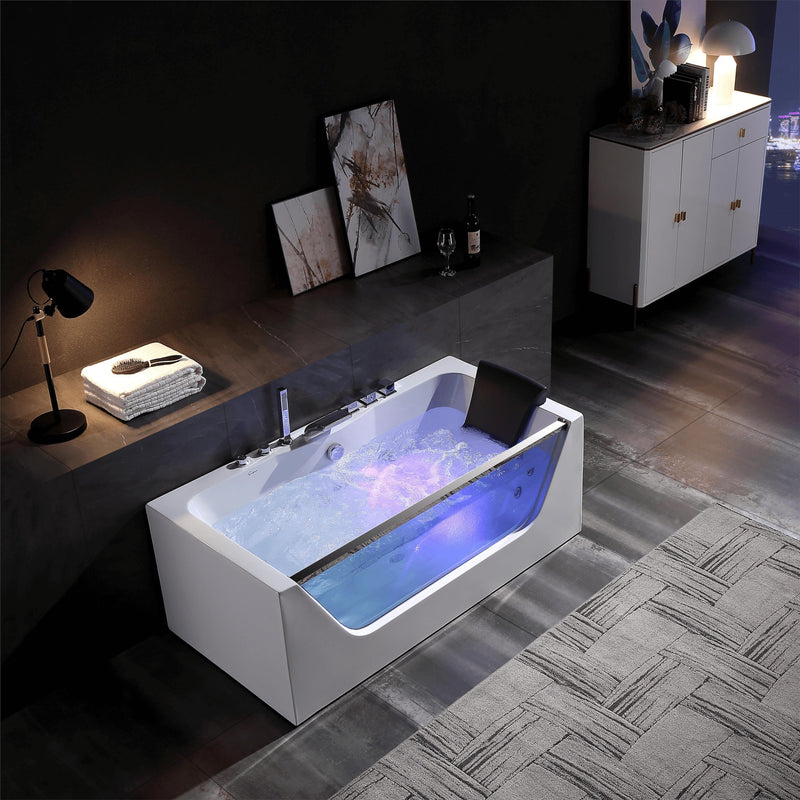 Empava EMPV-67JT408LED tub with LED light on, elevated view