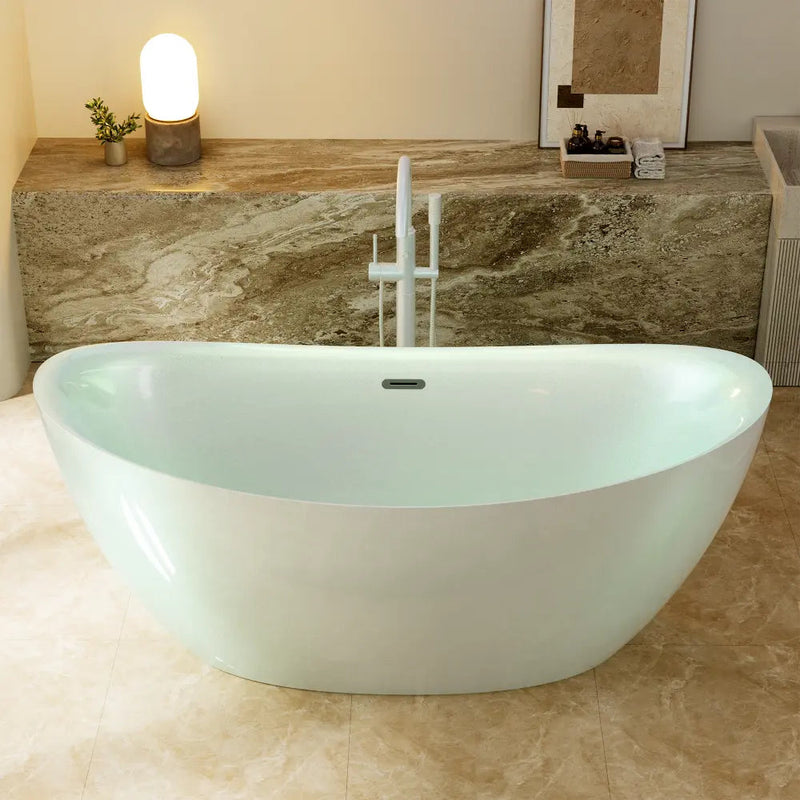 Empava EMPV-68DM03 Pearlescent Jade soaking tub, long-side view with a separate floor faucet