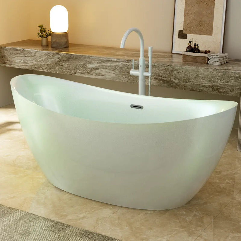 Empava EMPV-68DM03 jade double-slipper soaking tub, three-quarter view with a separate floor faucet