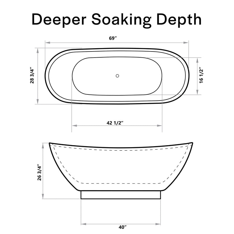 Empava EMPV-69FT1603 dimension drawing with soaking depth and overall measurements