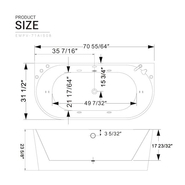 Empava EMPV-71AIS08 dimension drawing, top and side views