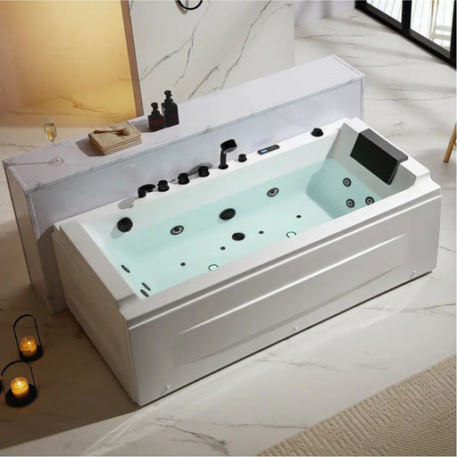 Empava EMPV-71JT351-BK tub with black jets, faucet and headrest, elevated three-quarter view