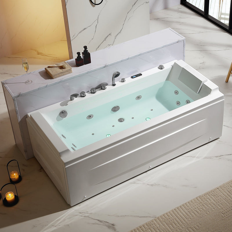Empava EMPV-71JT351 alcove tub with jets, controls and headrest, elevated three-quarter view