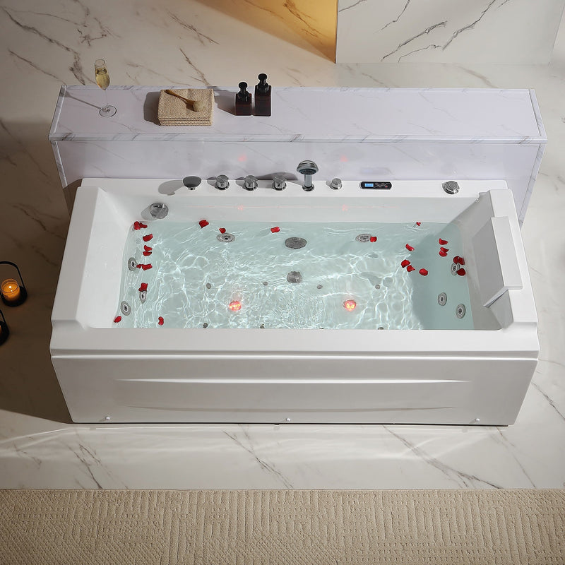 Empava EMPV-71JT351 tub with LED-lit water and rose petals, top-down view