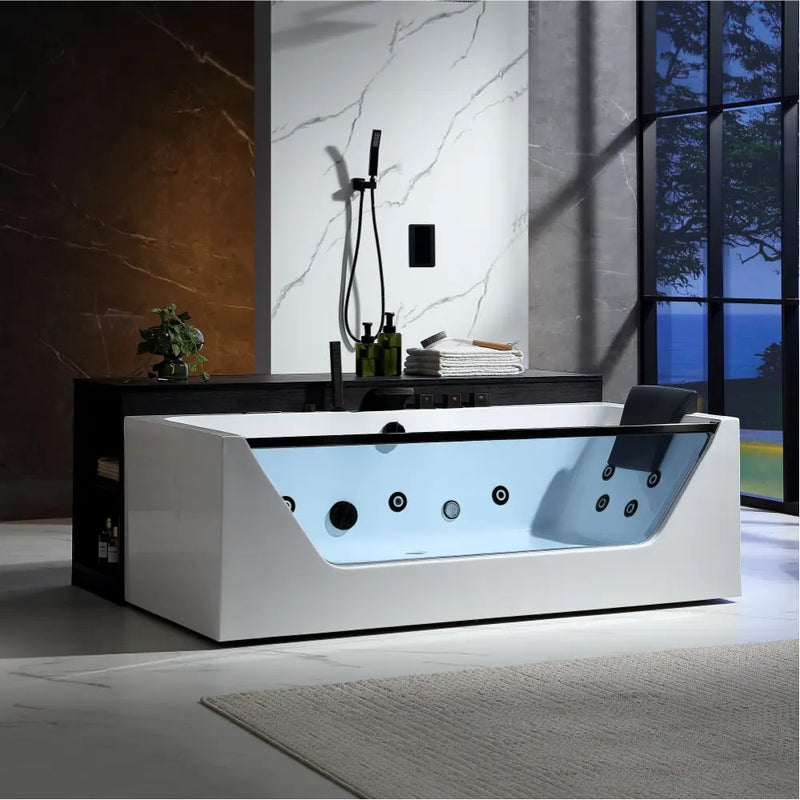 Empava EMPV-71JT408-BK whirlpool tub with black trim and fixtures, angled view