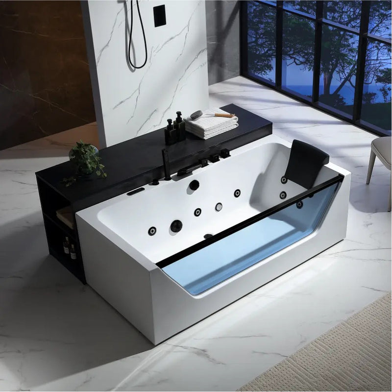 Empava EMPV-71JT408-BK tub with black jets, faucet and headrest, elevated view