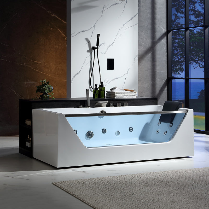 Empava EMPV-71JT408-BN whirlpool tub in front of a dark ledge, front view, brushed nickel fixtures
