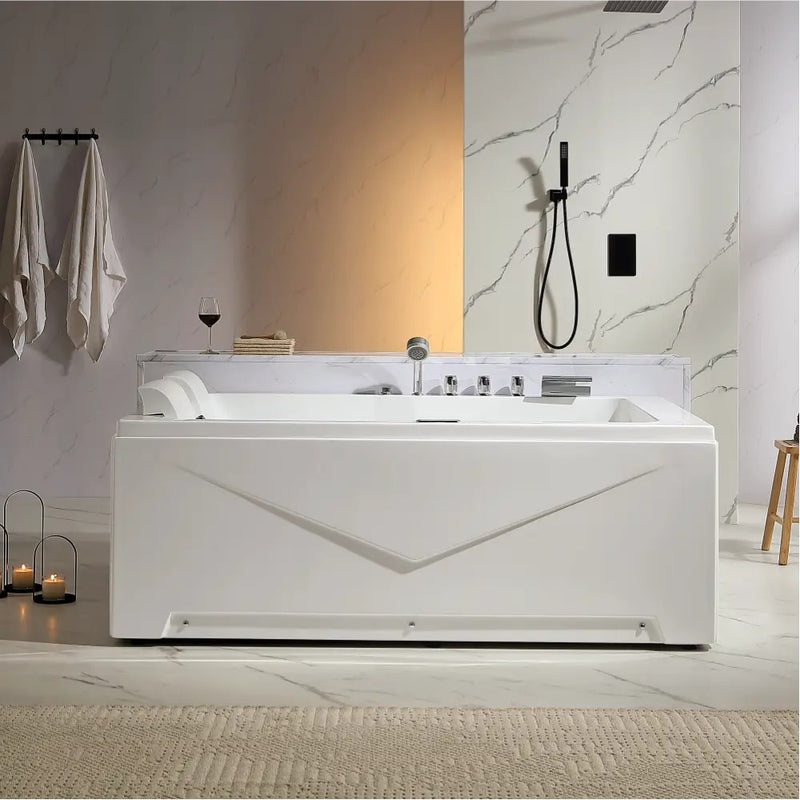 Empava EMPV-71JT618L two-person alcove tub with V-pattern apron, front view