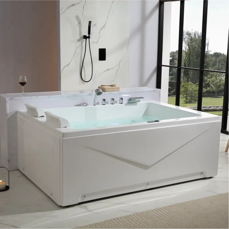 Empava EMPV-71JT618L two-person alcove whirlpool tub with headrests on the left, three-quarter view