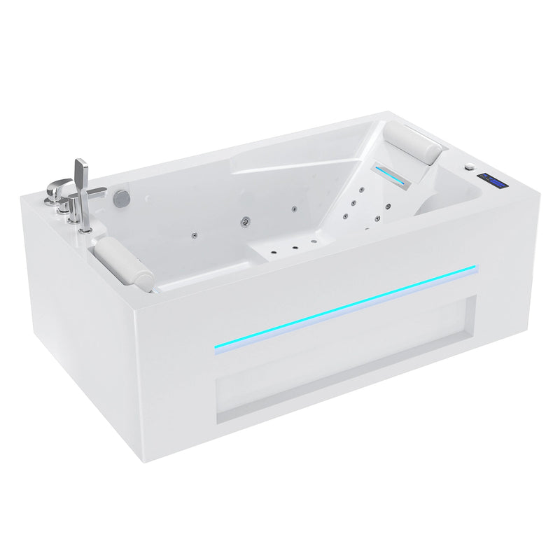 Empava EMPV-71JT802 two-person alcove massage tub with LED apron strip, three-quarter view, white background