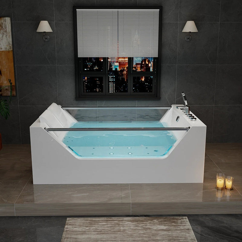 Empava EMPV-71PRO01 glass-sided tub with lit water in a dark bathroom, front view