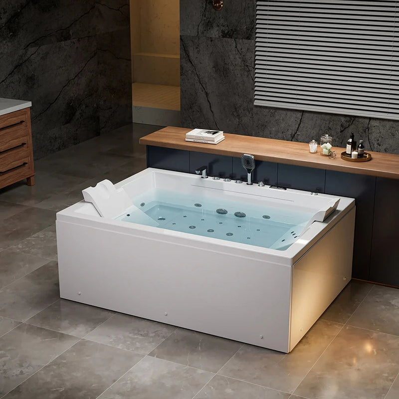 Empava EMPV-71PRO02 filled tub with wood ledge, angled view