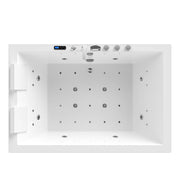 Empava EMPV-71PRO04 two-person alcove tub, top view with jets, headrests and fixtures, white background