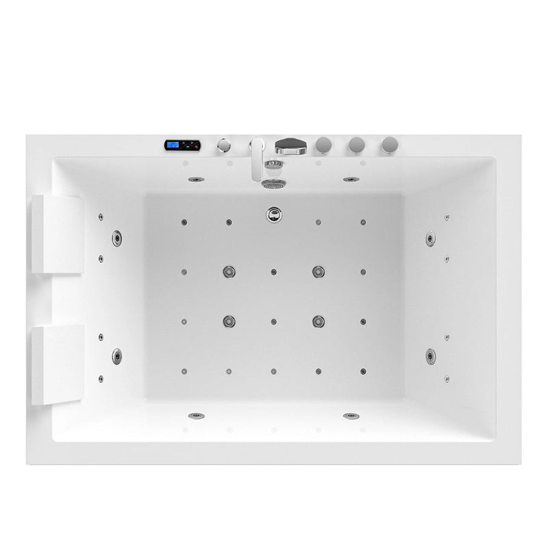 Empava EMPV-71PRO04 two-person alcove tub, top view with jets, headrests and fixtures, white background