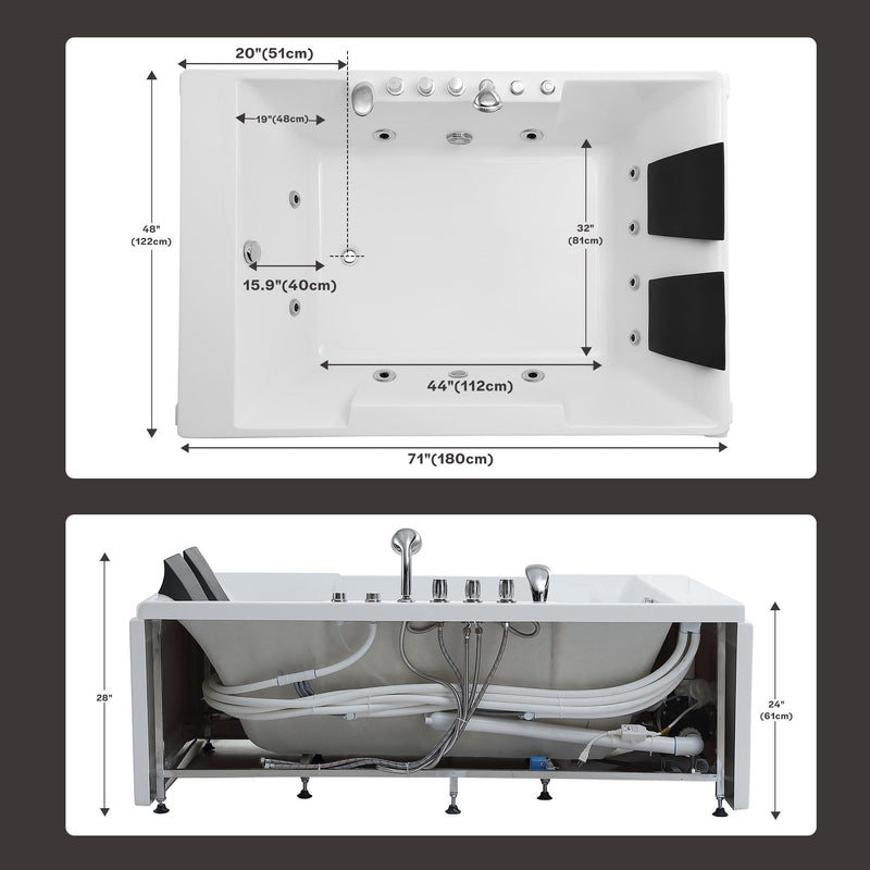 Empava EMPV-72JT367LED dimension drawing with top view and plumbing under the apron