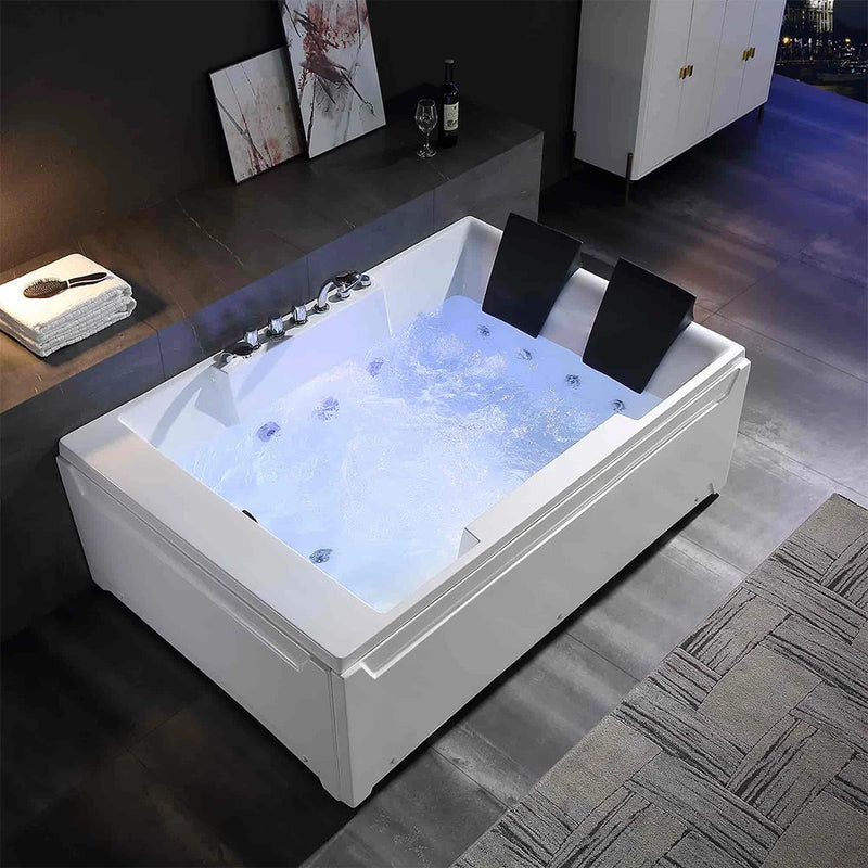 Empava EMPV-72JT367LED two-person tub with blue LED water in a dark room