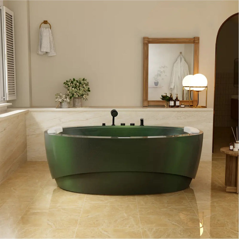 Empava EMPV-75DM02 green freestanding tub, front view in a bathroom