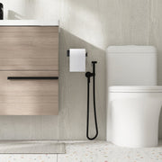 Empava EMPV-BAS06 matte black holder with roll on a stone wall near a bidet sprayer