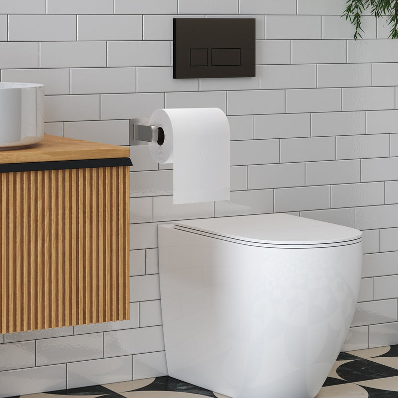 Empava EMPV-BAS10 brushed nickel holder beside a wall-hung toilet and wood vanity