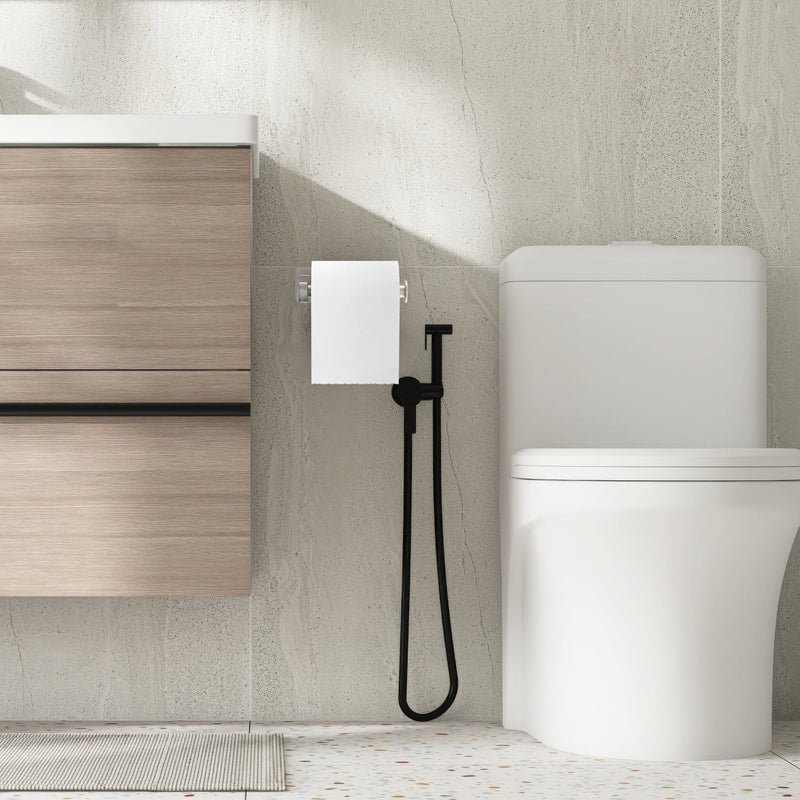 Empava EMPV-BAS10 brushed nickel holder with roll on a stone wall near a bidet sprayer