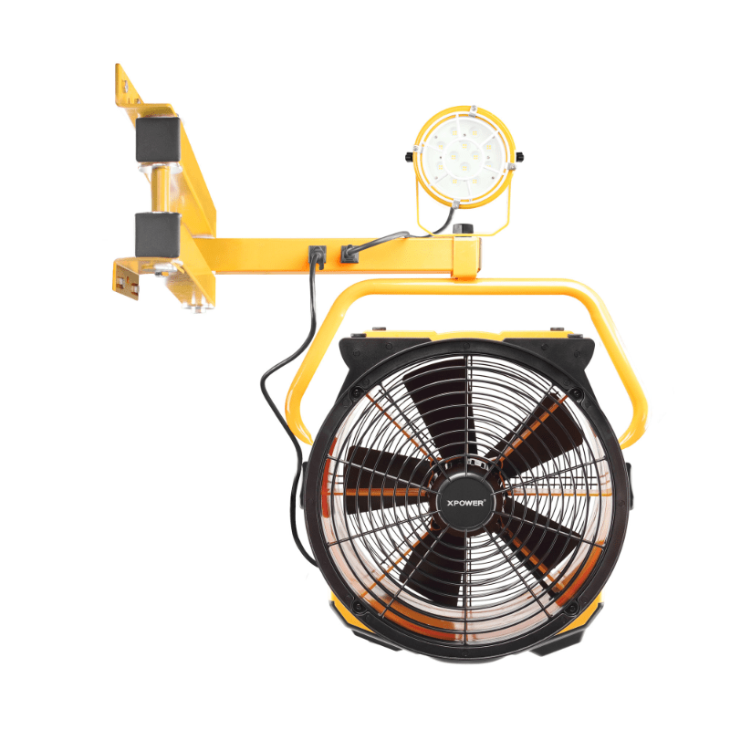 fa 420k2 warehouse dock trailer fan with wall mount arm folded view.