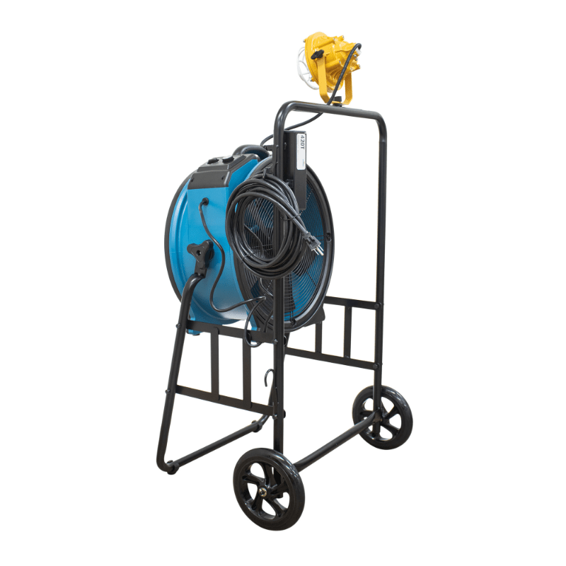 fa 420k6 blue warehouse dock trailer fan with mobile trolley back right angle view.