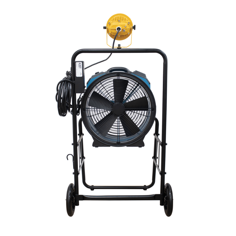 fa 420k6 blue warehouse dock trailer fan with mobile trolley back view.