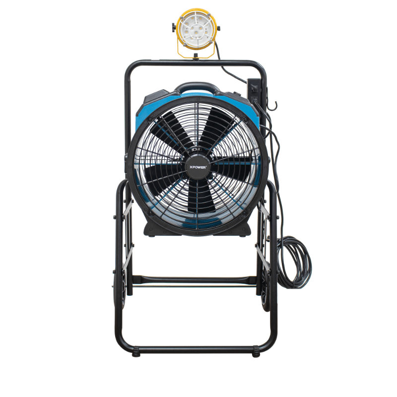 fa 420k6 blue warehouse dock trailer fan with mobile trolley front view.