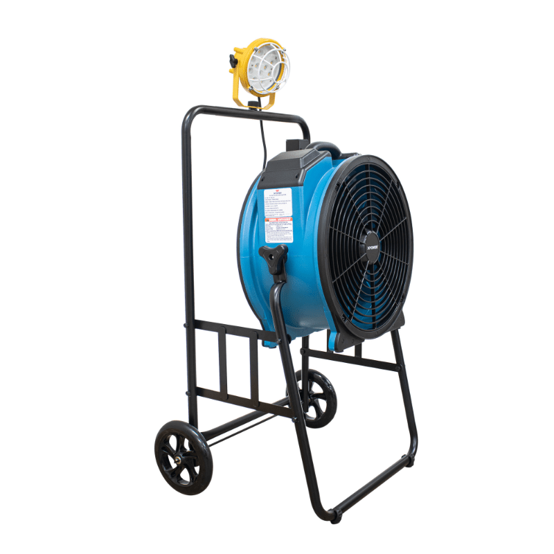 fa 420k6 blue warehouse dock trailer fan with mobile trolley left angel view.