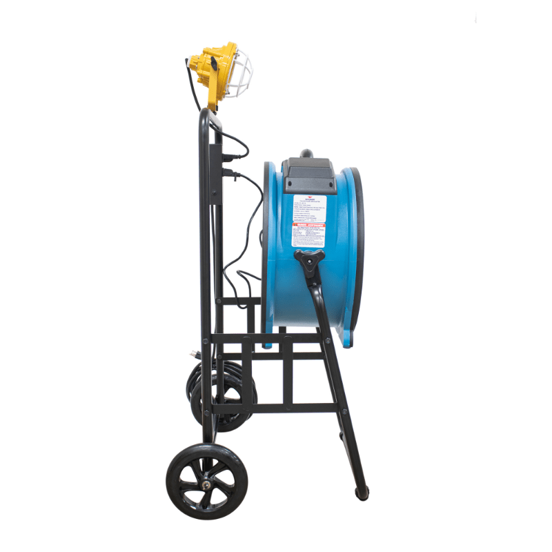 fa 420k6 blue warehouse dock trailer fan with mobile trolley left side view.