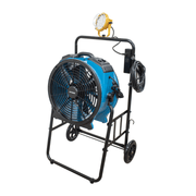fa 420k6 blue warehouse dock trailer fan with mobile trolley right angle view.