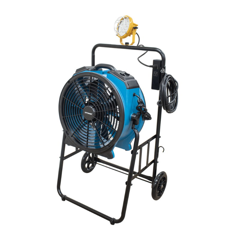 fa 420k6 blue warehouse dock trailer fan with mobile trolley right angle view.