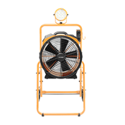 fa 420k6 yellow warehouse dock trailer fan with mobile trolley front view.