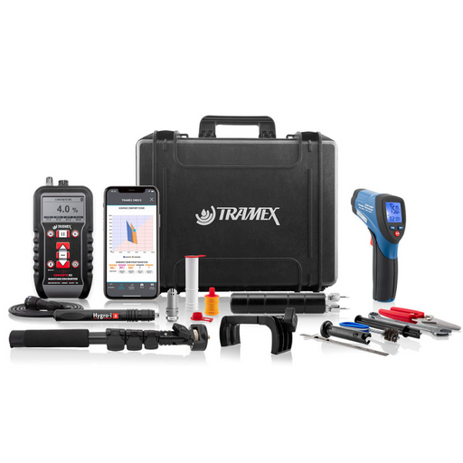 Tramex Flooring Inspector Kit - FIK A detailed image of the Tramex Flooring Inspector Kit, showcasing its components including the moisture meter and additional accessories, designed for assessing the moisture content in various flooring materials.