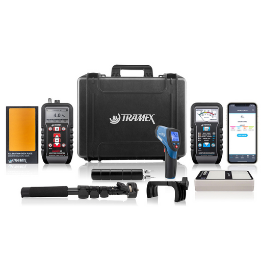 Tramex Flooring Assessment Kit - FAK An image showcasing the Tramex Flooring Assessment Kit, displaying various tools and components used for evaluating flooring conditions. The kit includes moisture meters, measurement devices, and relevant accessories arranged in a sturdy carrying case.