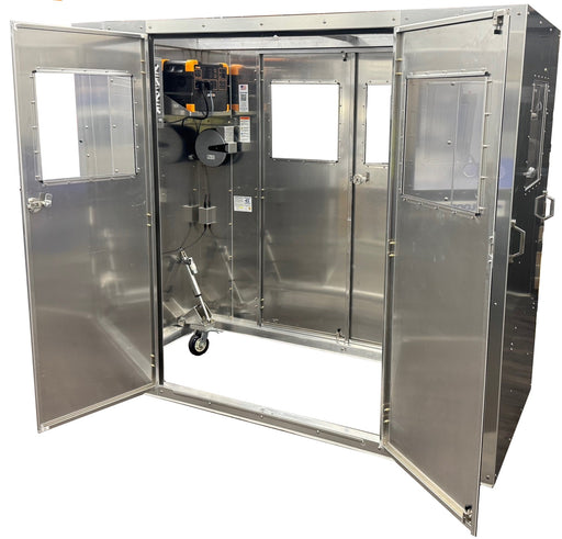 FloorZone with both side doors open showing the battery station, cord reel and corner actuators