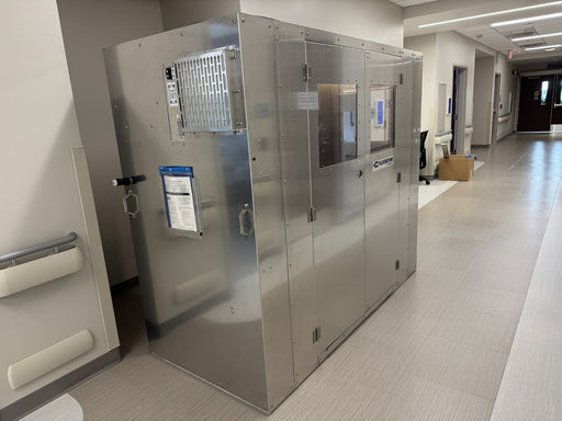 FloorZone floor containment cart closed in a hospital corridor, exhaust grille and double doors