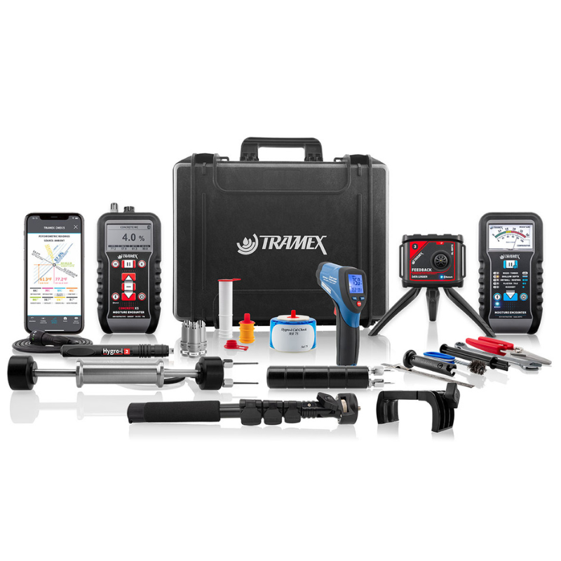 Tramex Flooring Master Kit - FMK An image of the Tramex Flooring Master Kit, showcasing its compact design with various moisture measurement tools organized in a sturdy carrying case. The tools include a digital meter and various probe accessories, ideal for assessing moisture levels in flooring materials.