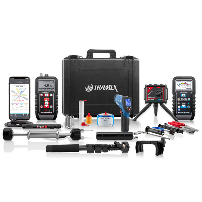 Tramex Flooring Master Kit - FMK An image of the Tramex Flooring Master Kit, showcasing its compact design with various moisture measurement tools organized in a sturdy carrying case. The tools include a digital meter and various probe accessories, ideal for assessing moisture levels in flooring materials.