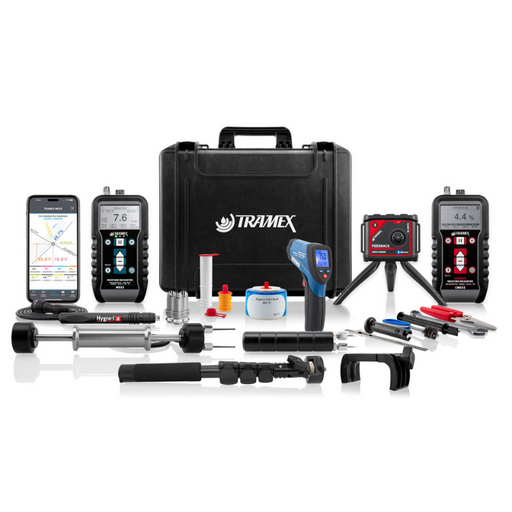 Tramex Flooring Inspection Master Kit X - FMK-X A comprehensive flooring inspection kit featuring a range of moisture meters and testing tools, displayed on a neutral background with highlighted accessories and components.