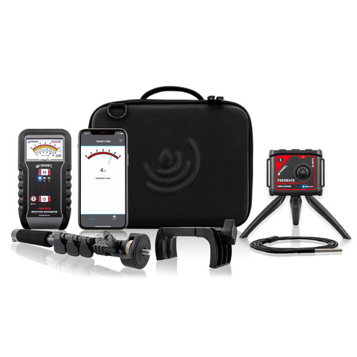 Tramex Flooring Installer Tech Kit - FTK A compact kit featuring essential tools for flooring installation, including a moisture meter and accessories, arranged neatly in a durable carrying case.