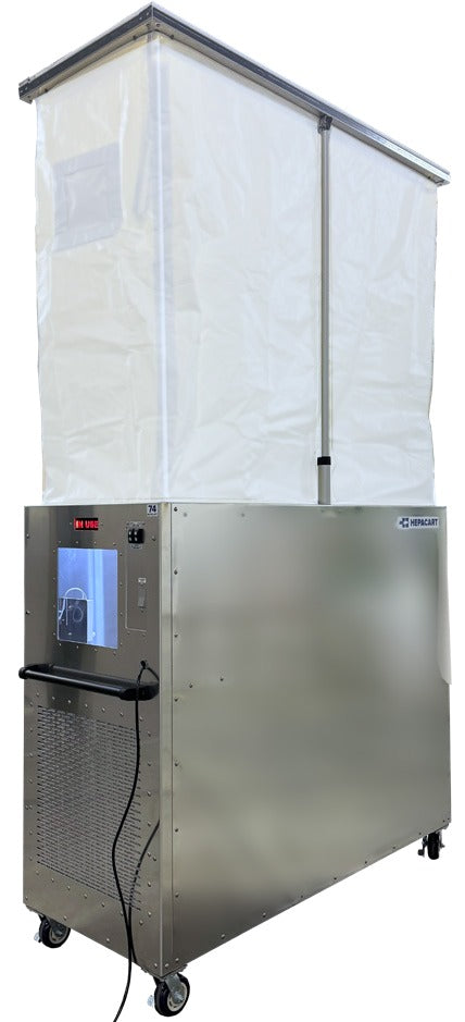 HEPACART 74 AutoLift with enclosure raised, viewed from the negative air machine end