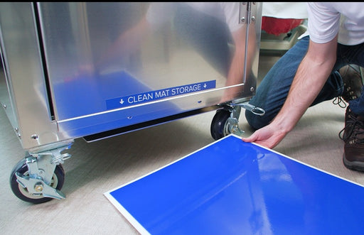 HEPACART Clean Mat being placed on the floor from the storage tray under the cart