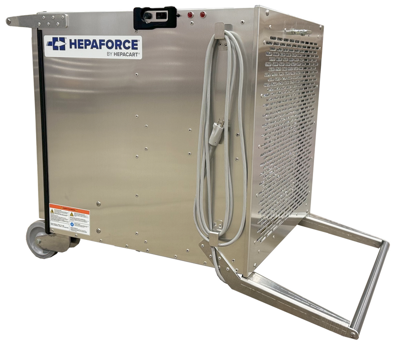 HEPAFORCE AIR 2100 with perforated grille face, coiled power cord and fold-out handle
