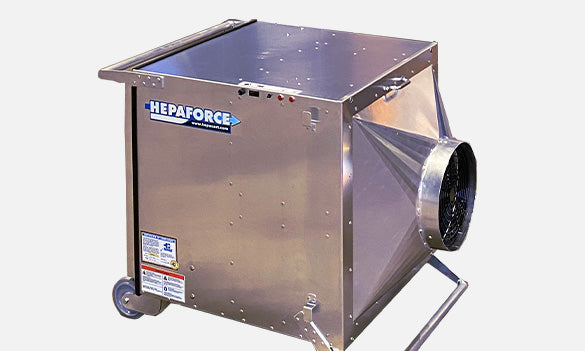 HEPAFORCE AIR 2100 in brushed aluminum with tapered exhaust hood, wheels and tilt handle